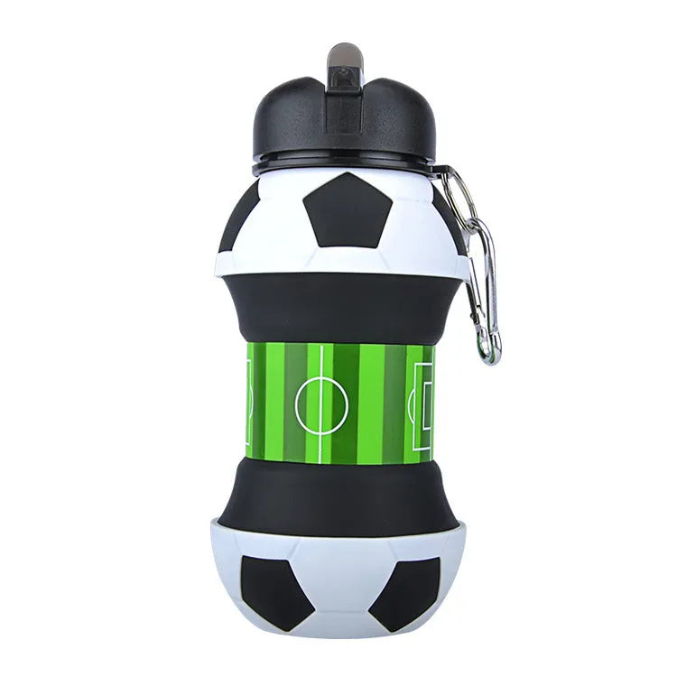Collapsible white soccer ball shaped silicone water bottle with straw and carrying clip, 18 oz capacity