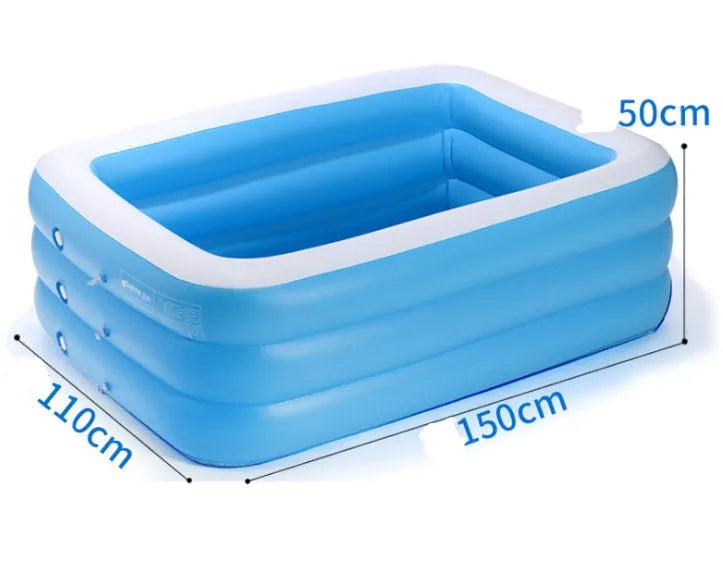 Blue and white rectangular inflatable PVC swimming pool 150cm by 110cm by 50cm for outdoor garden use