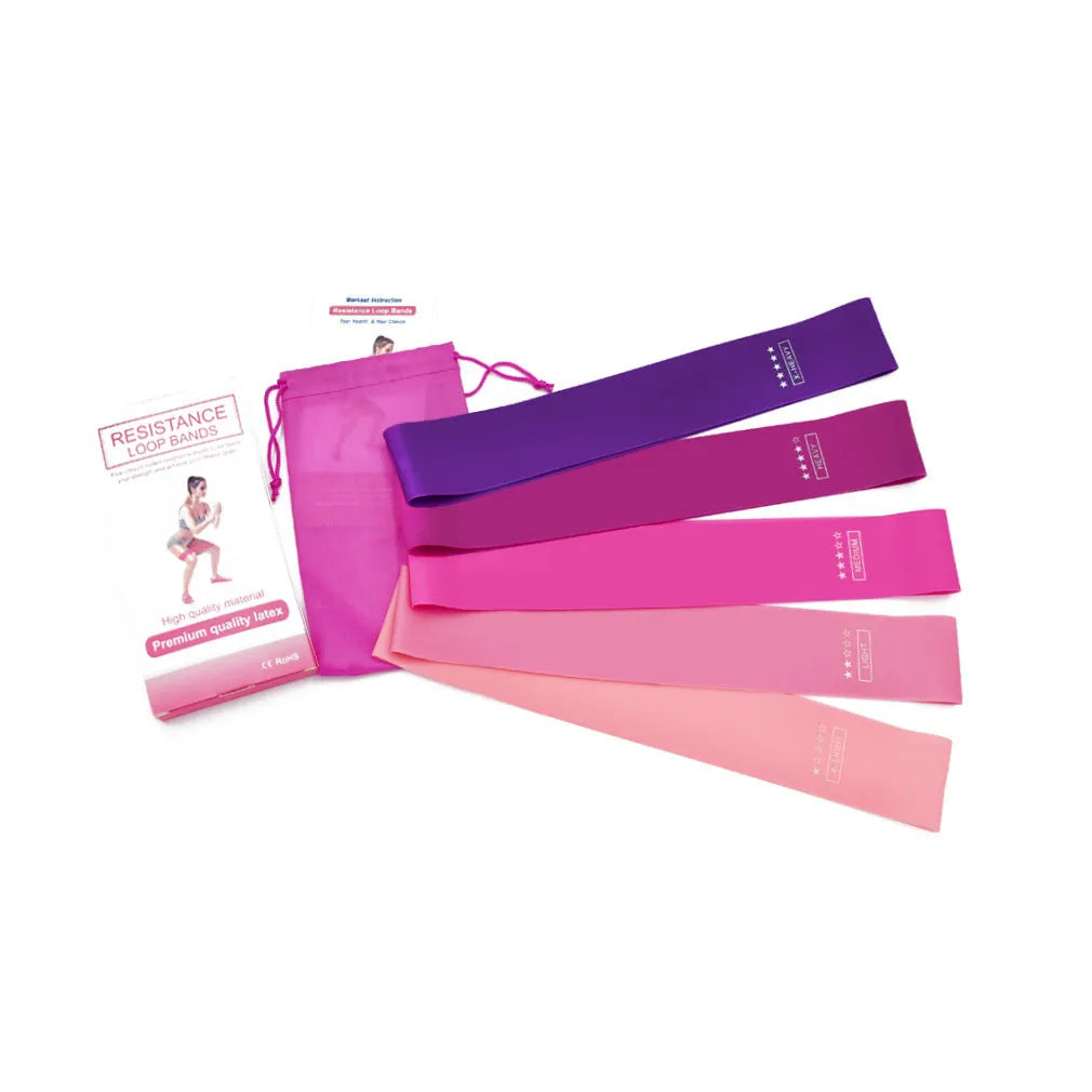 Gym Sterkte natural latex resistance bands five colour levels light pink to purple 600x50mm