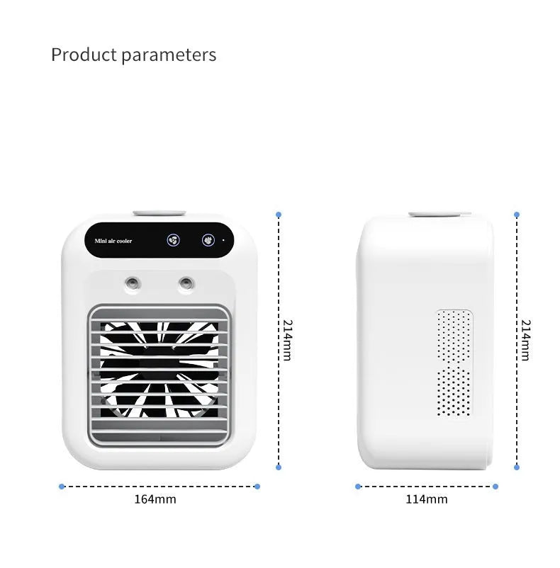 Compact ivory white portable USB air cooler with touchscreen display on a desk.