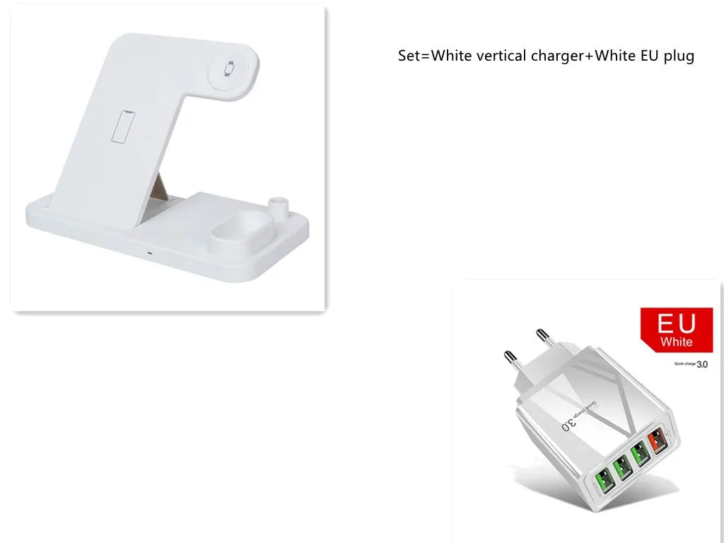 Black 4-in-1 wireless charging station with phone on adjustable stand, charging Apple Watch, AirPods, and Apple Pencil.
