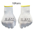 White PU coated work gloves showing palm grip texture, available in L and M sizes