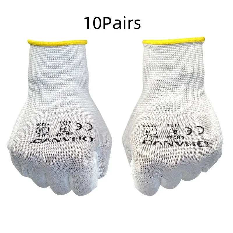White PU coated work gloves showing palm grip texture, available in L and M sizes