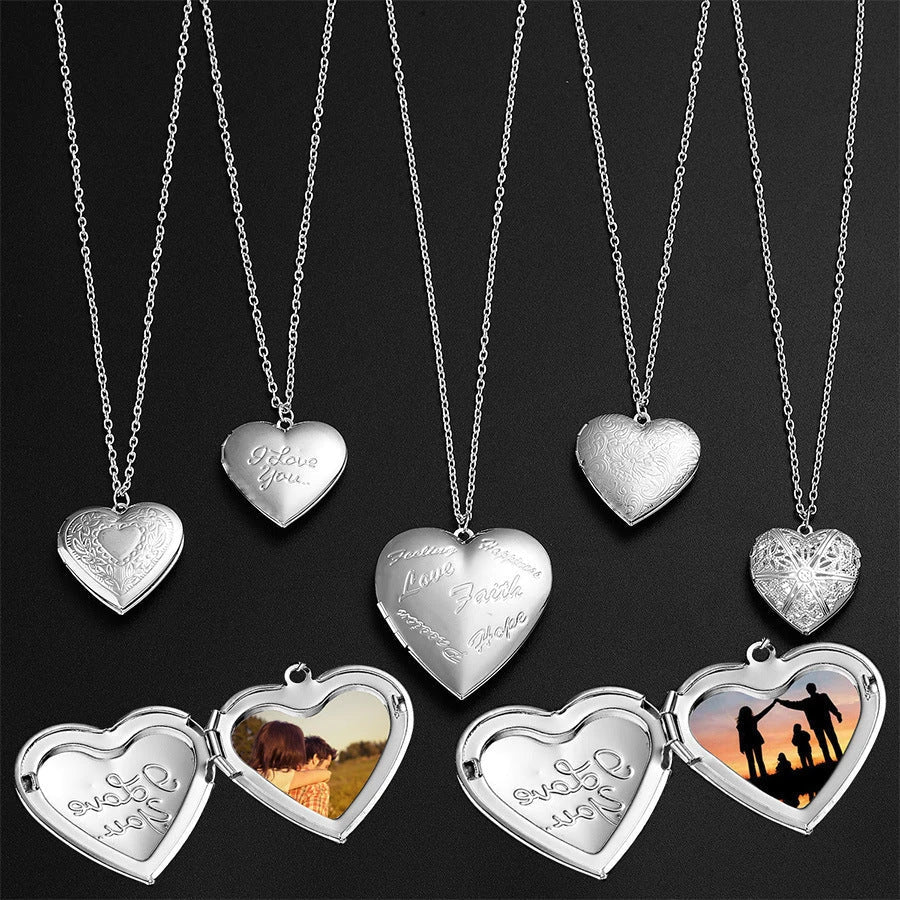 Personalized heart-shaped photo frame necklace in various colors, featuring a unique carved design and a delicate frame to display cherished memories.