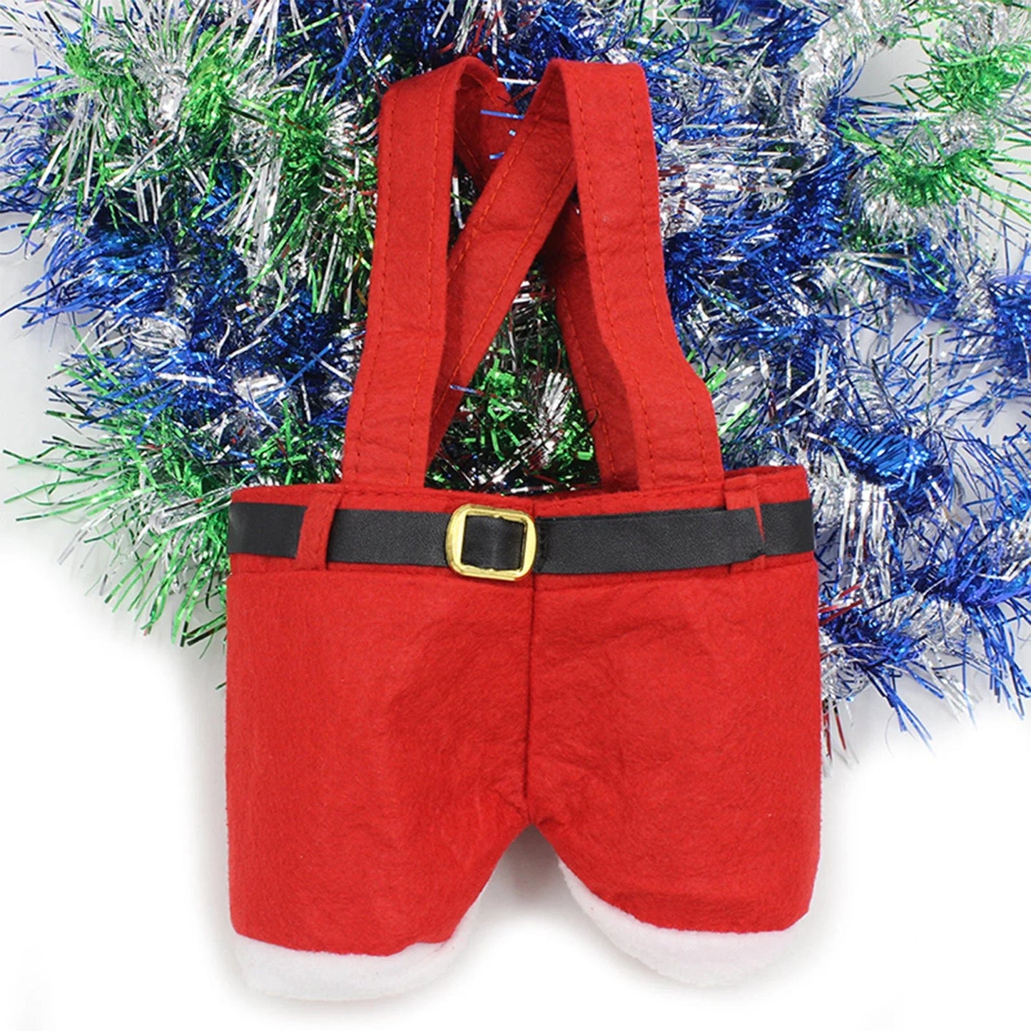 Festive Christmas-themed tote bag in the shape of Santa's iconic red pants, perfect for holding holiday treats and gifts