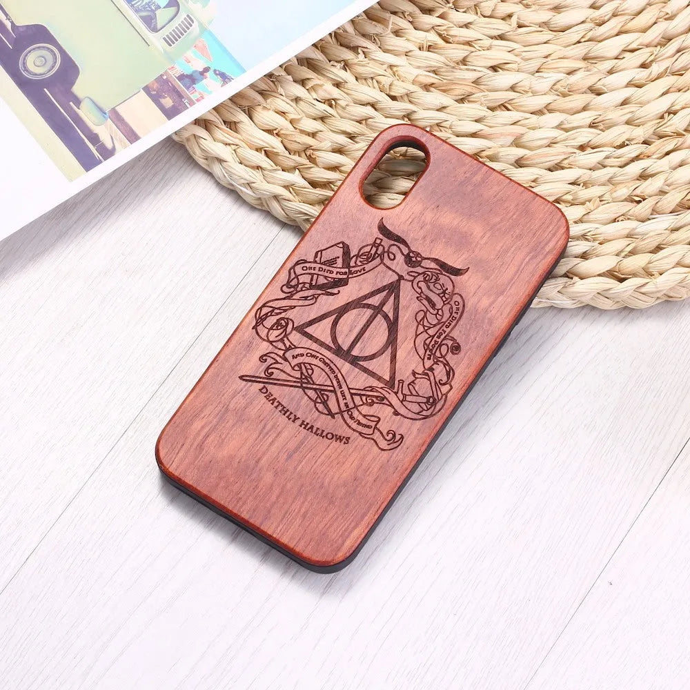 Wooden phone case with laser carving details for iPhone and Samsung smartphones in cherry or rosewood.