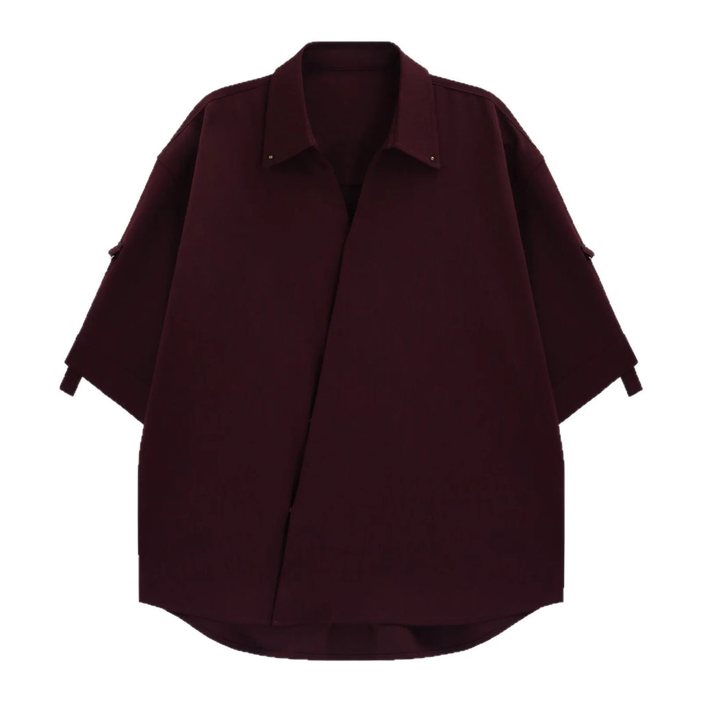 Men's casual loose cardigan-style shirt in red, made from polyester fibre, front view