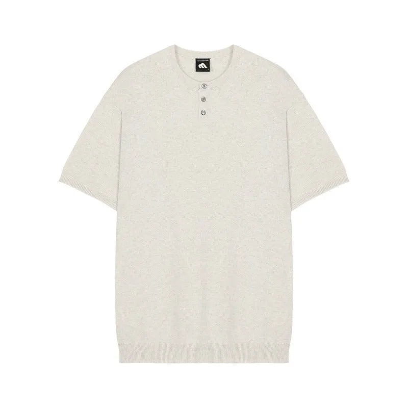 Men's black slim-fit short-sleeved knitted pullover shirt on a hanger