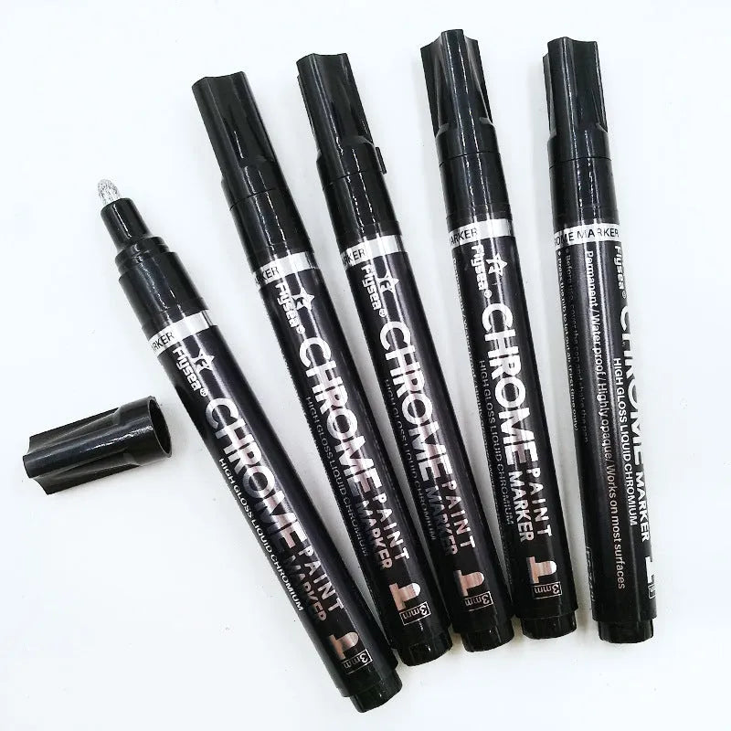 Flysea chrome-plated mirror finish paint pen with 3.0mm tip for writing on metal, glass, and other hard surfaces.