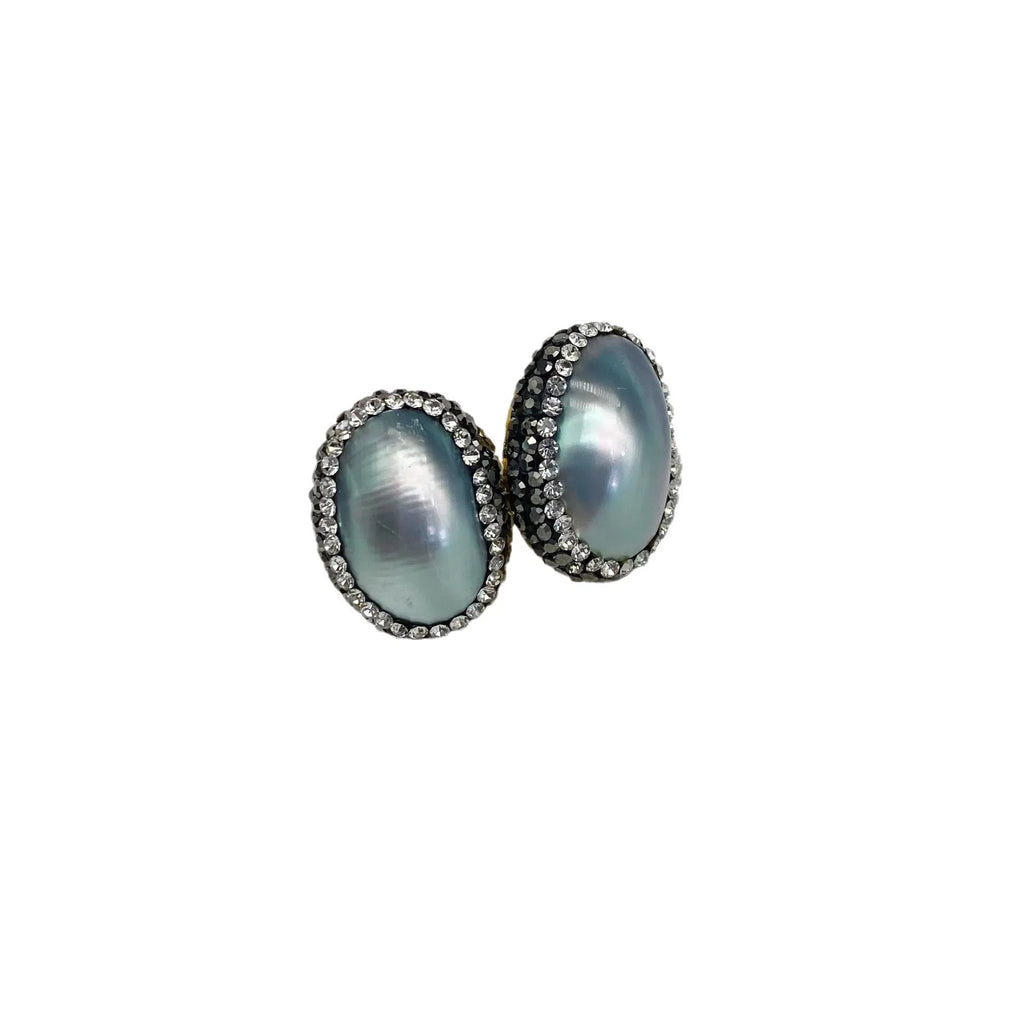 Geometric oval mabe shell earrings with rhinestone inlay in black colour option retro maple finish