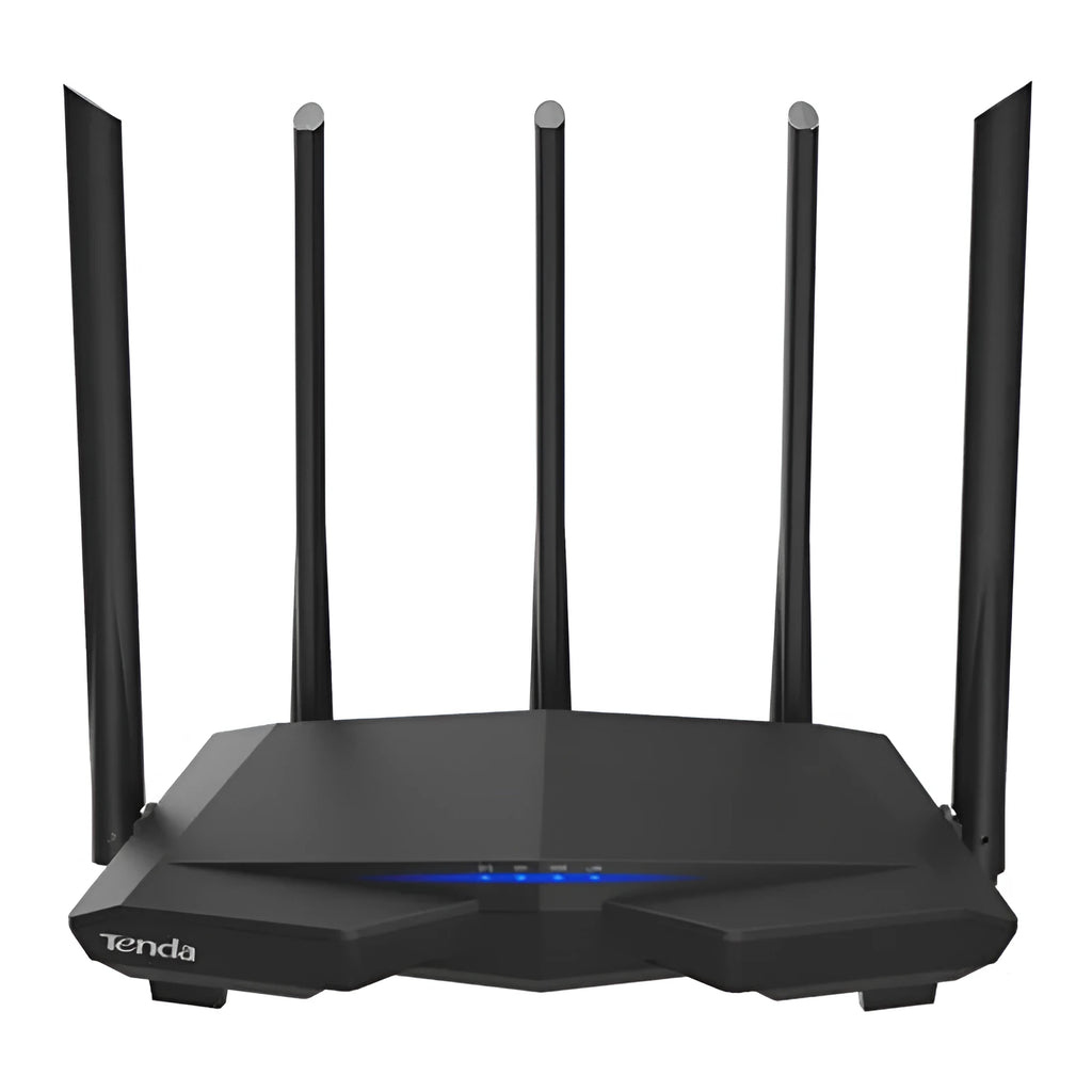 AC7 dual-band wireless router in black with four LAN ports and compact 220 x 141.5 x 49mm size