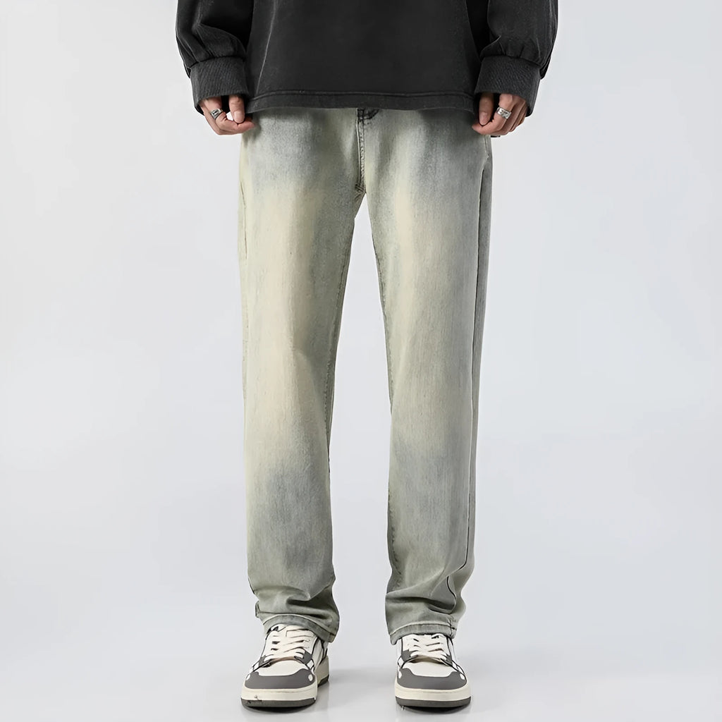 Men's washed distressed slim straight cotton tapered pants in Cement Yellow