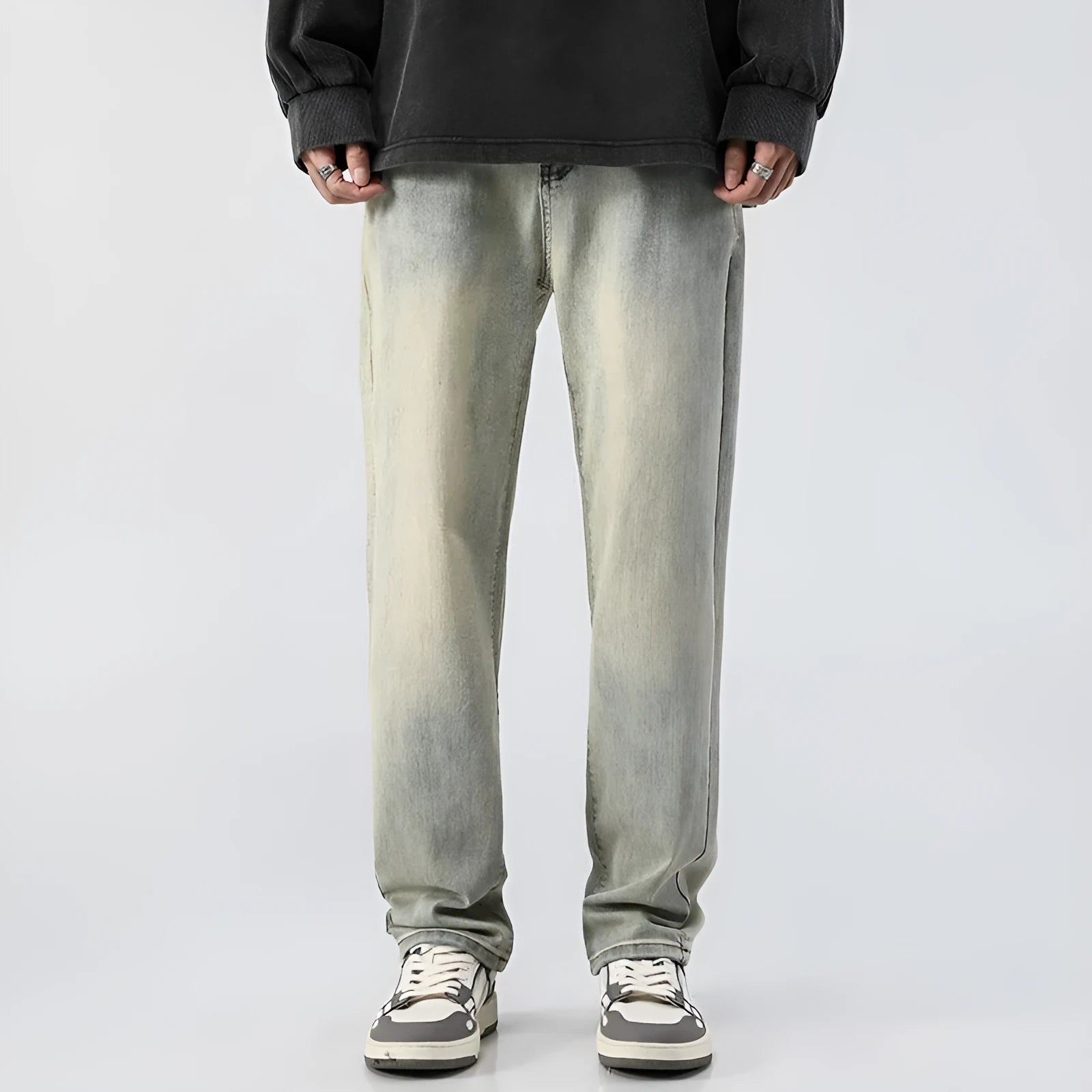 Men's washed distressed slim straight cotton tapered pants in Cement Yellow