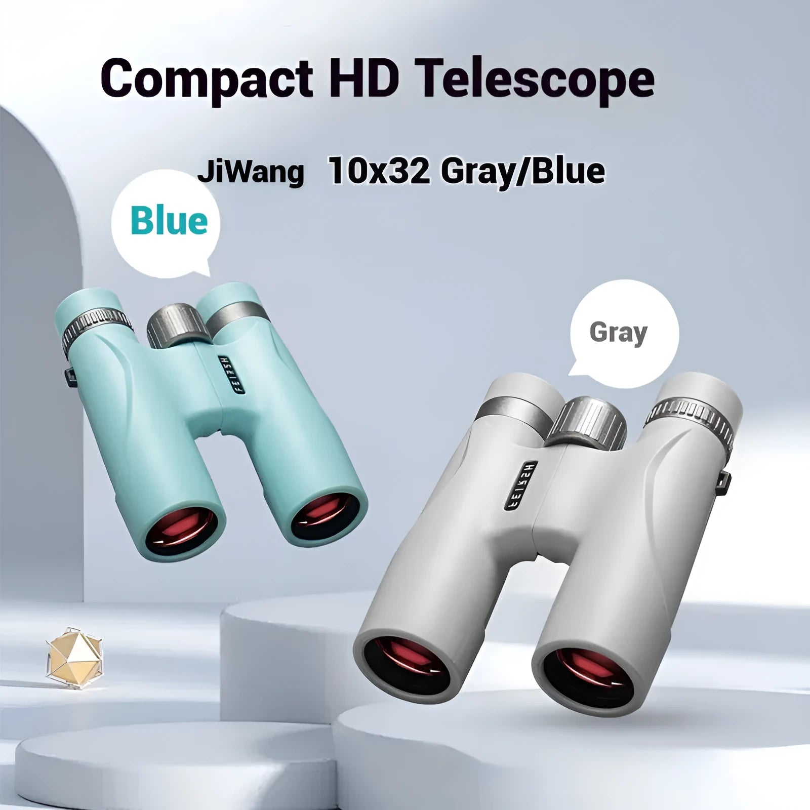 Blue 10x32 binoculars with wine red lenses showing 112mm compact dimensions