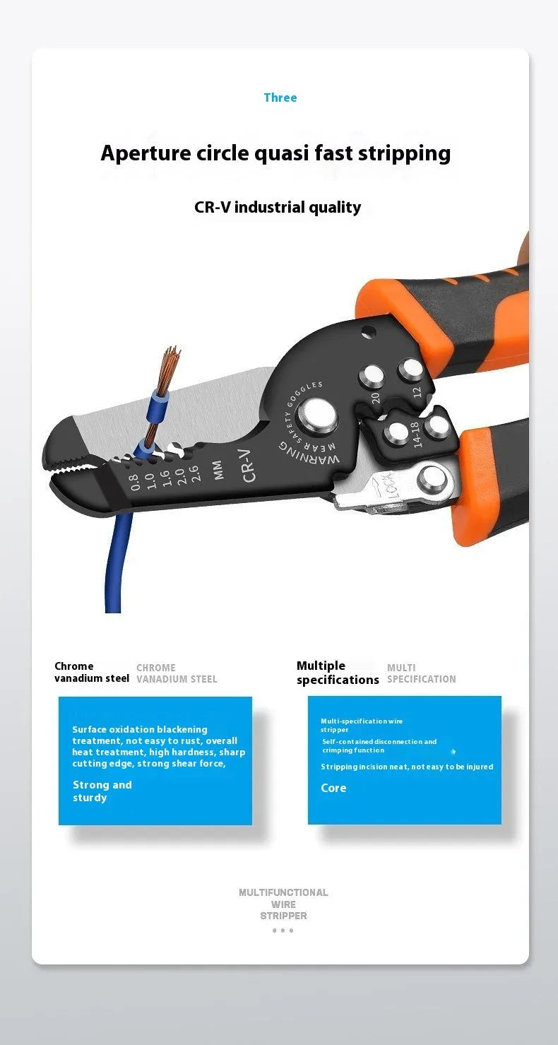 Fully automatic wire stripping pliers tool with a high carbon steel blade on a white background.