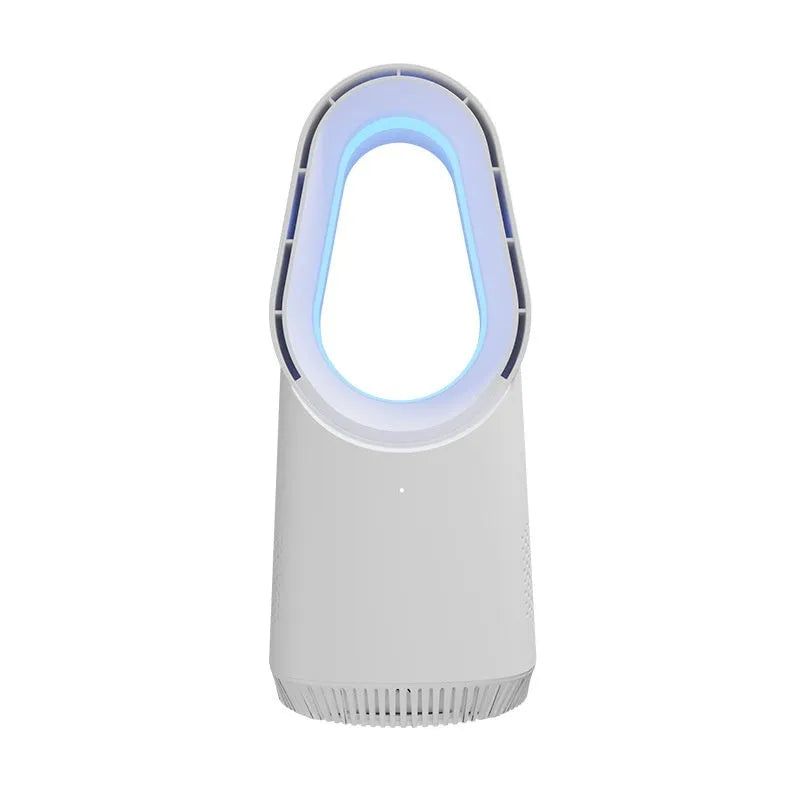 White bladeless tower floor fan with remote control and touch screen display on a wooden floor.