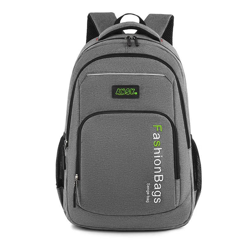 Street-style nylon backpack in light grey showing internal laptop compartment and organised pockets.