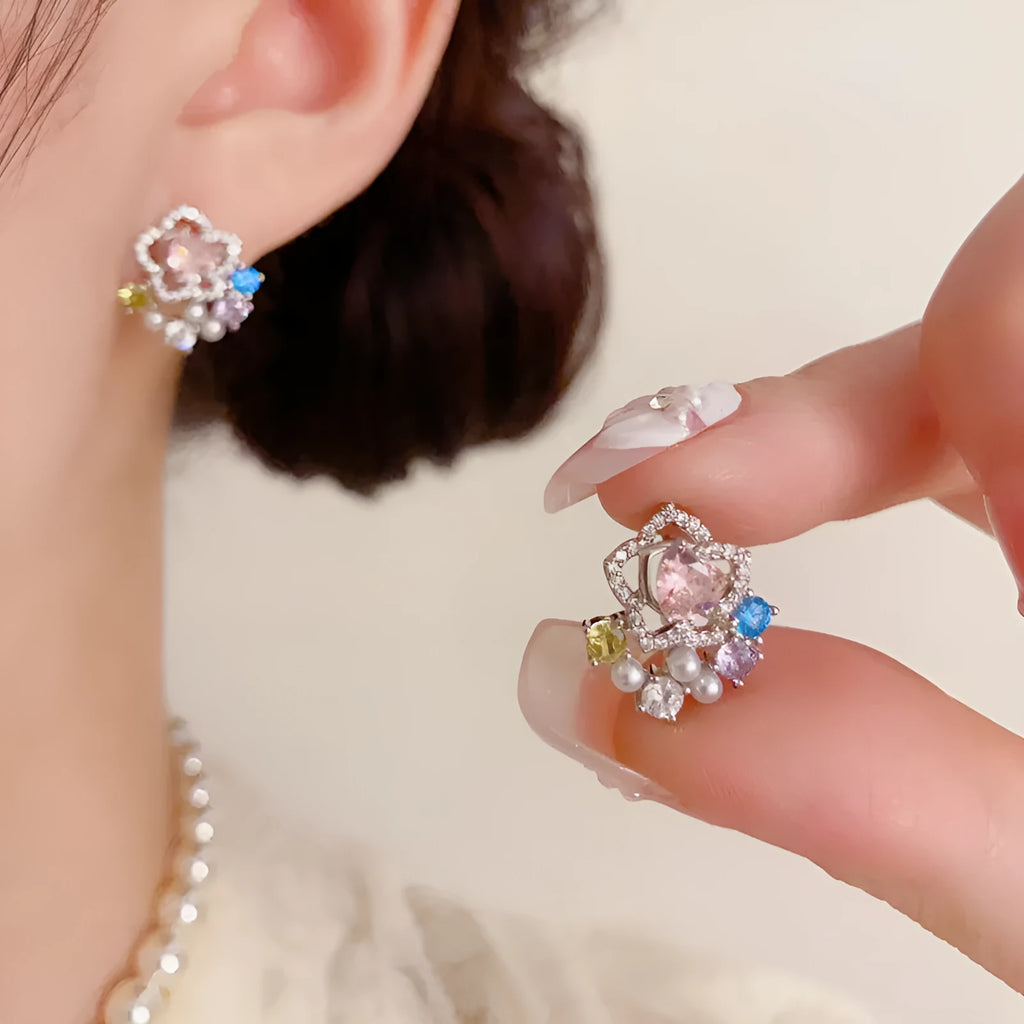 Full diamond silver petal stud earrings for women with real gold plating over copper in a flower shape