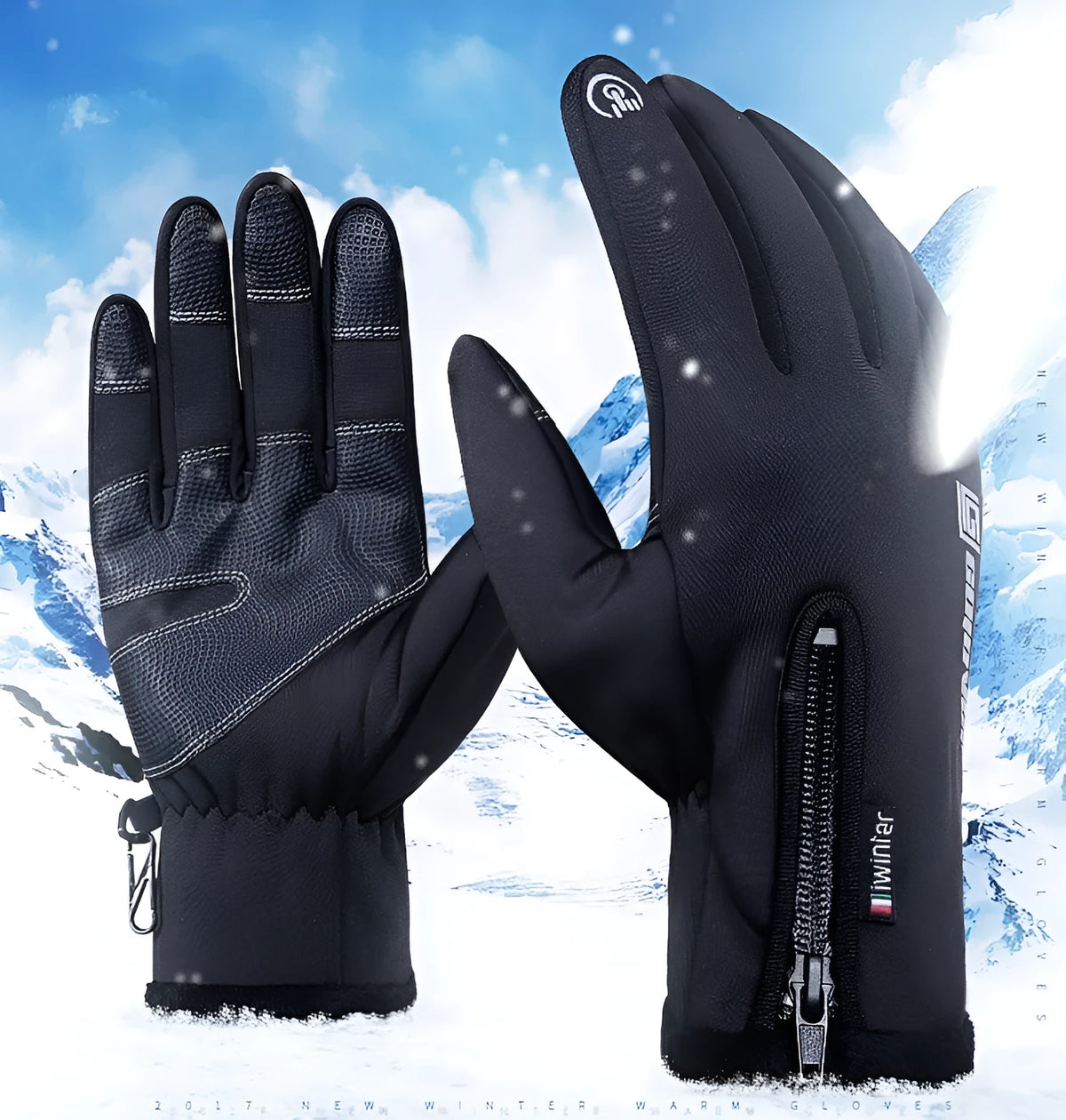 Pair of insulated mittens in black, grey, blue, and pink made from fleece and diving cloth
