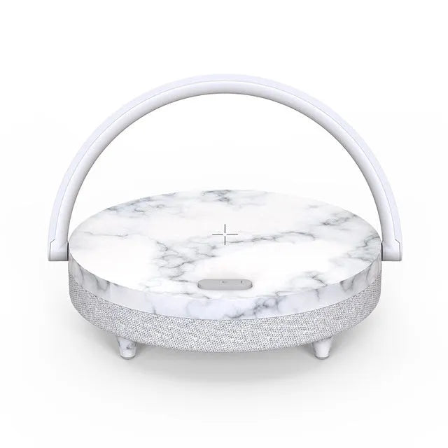 Multi-function wireless charging night light in marbling finish with touch switch and Bluetooth speaker