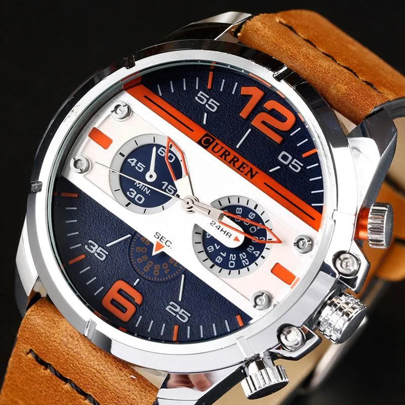 Men's army military watch with black dial, luminous hands, date display, and brown leather strap on wrist