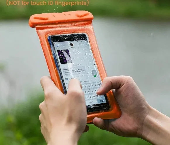 Orange waterproof phone pouch with a black rope, showing the ABS switch sealing mechanism.
