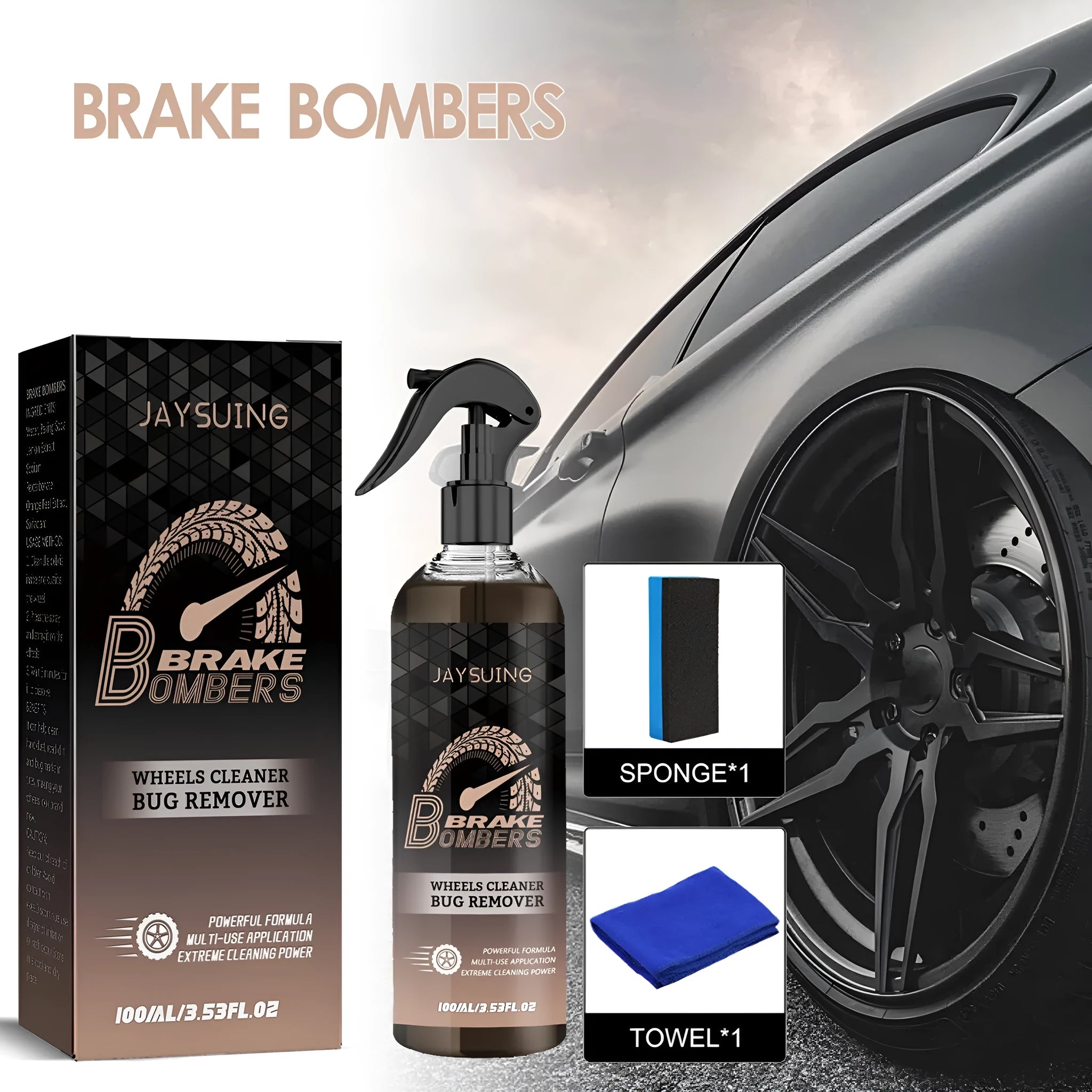 Brake cleanser kit with 100ml bottle, sponge applicator, and cleaning cloth for automotive maintenance