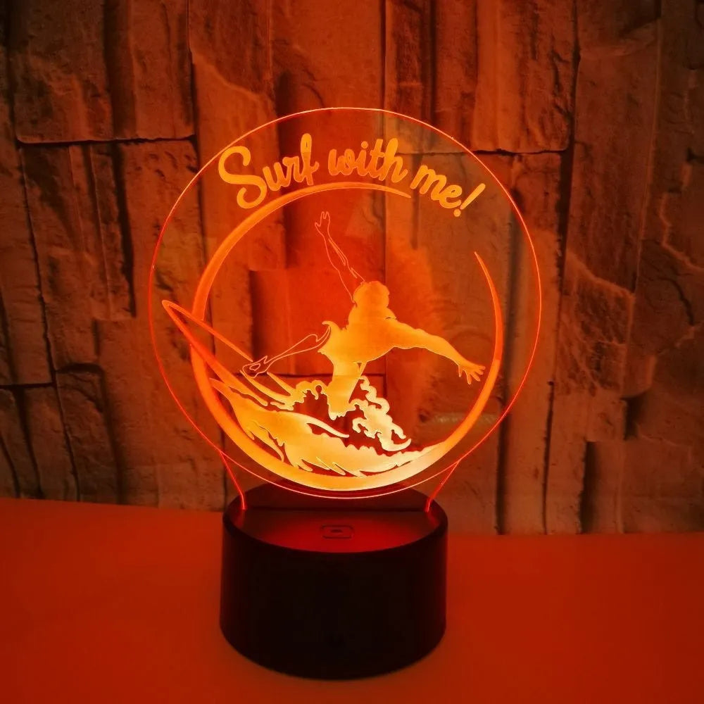 3D LED night lamp with touch control showing sliding wave visual effect on seven colour display