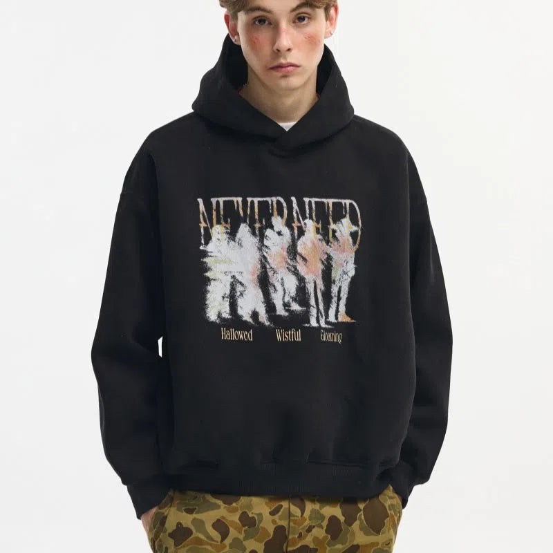 Men's blurred portrait print cotton hooded sweatshirt in loose fit pullover style, black colour