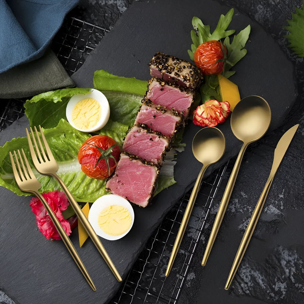 Stainless steel 5-piece Portuguese steak tableware set with sisal burnished finish in multiple colour options