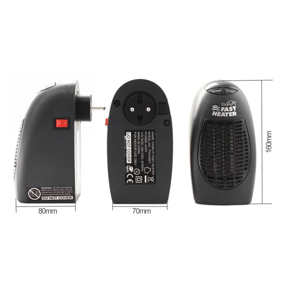 Black portable mini ceramic electric heater with digital display and a rotating plug on a white background.