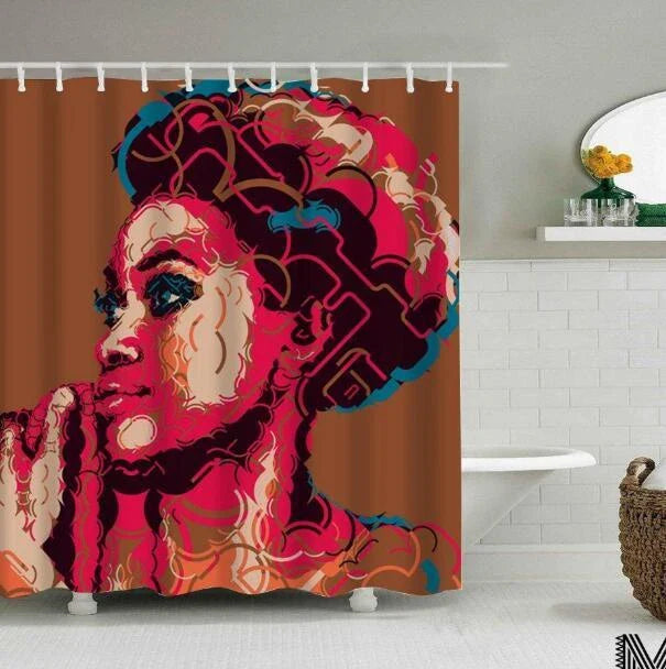 Vibrant Afro-urban printed shower curtain with modern building and African girl design