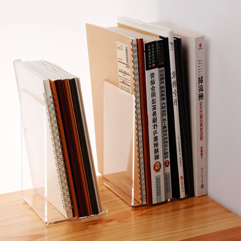 Transparent acrylic bookshelf display rack holding a pair of books on a desk