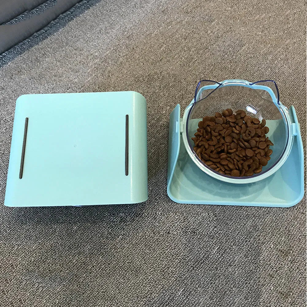 Adjustable plastic cat bowl with 15 degree tilt in Blue colour on a flat surface