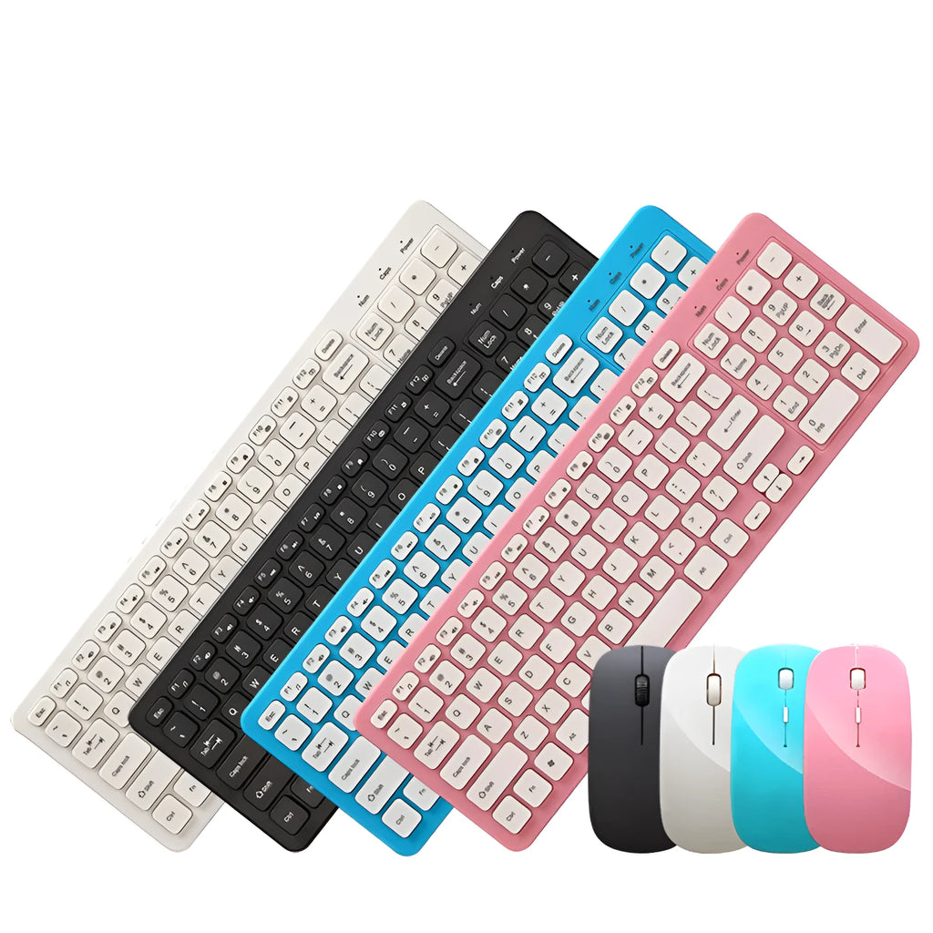 Wireless keyboard and mouse set showing black version with 96-key layout and ergonomic design
