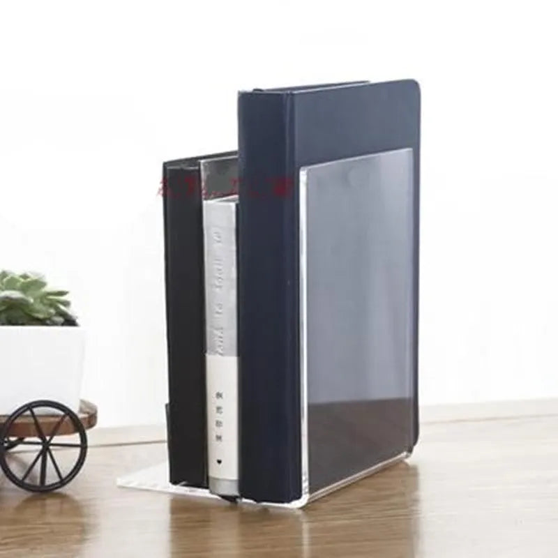 Transparent acrylic bookshelf display rack holding a pair of books on a desk