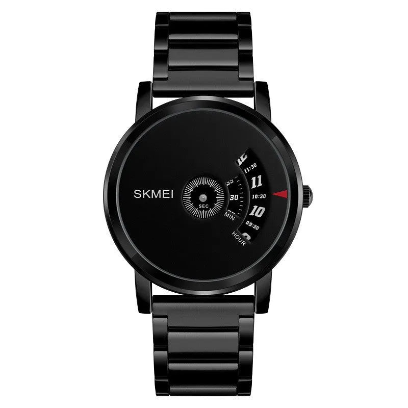 Men's business watch with 39mm dial, alloy case, stainless steel watch-buttom, and steel belt in silver or black.