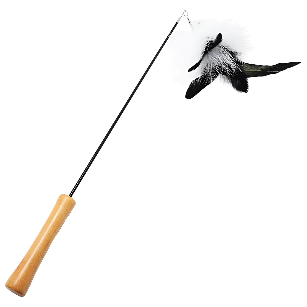 Funny cat stick with wooden handle, flexible rod, and black and white fur replacement head with feather and bell