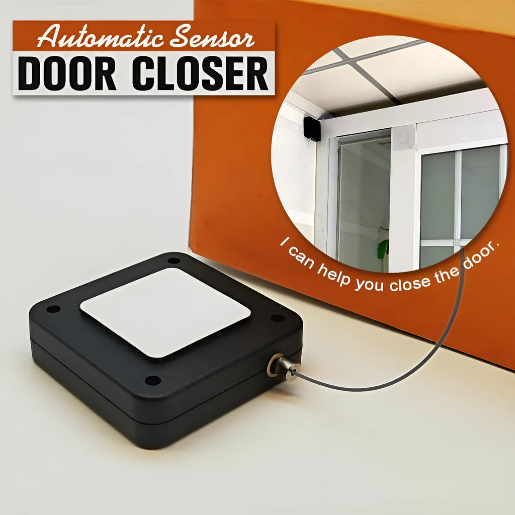 Automatic door closer with adhesive mounting for sliding and glass doors showing compact ABS housing