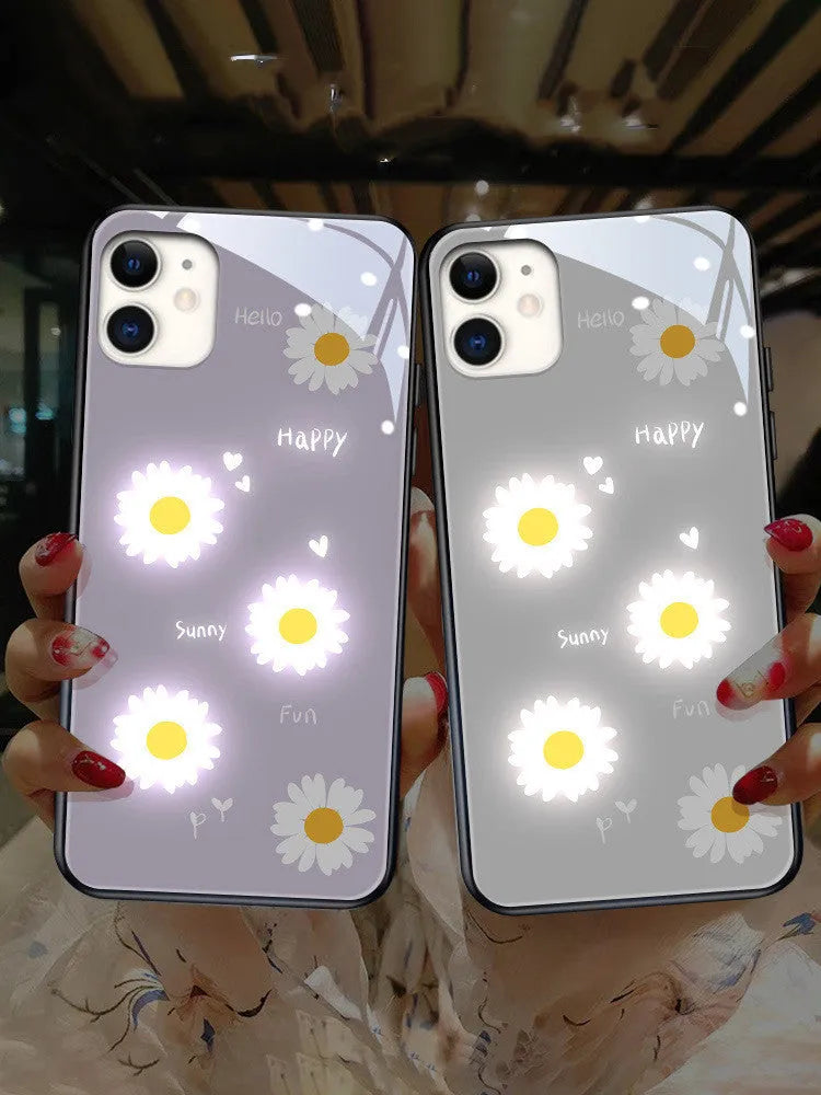 Luminous voice-activated iPhone case with painted daisy and broken flower designs on TPU protective shell
