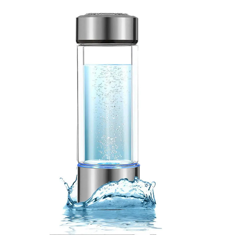 Portable hydrogen water bottle made from high borosilicate glass and 304 stainless steel, with silver finish