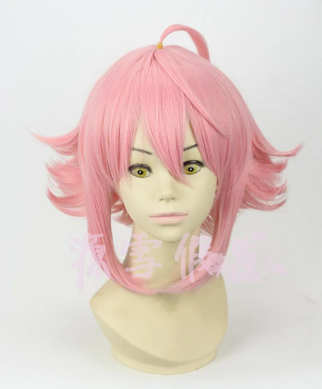 Pink upturned cosplay wig with artificial scalp and rose net inner cap, 35cm length, pre-styled for costume use.