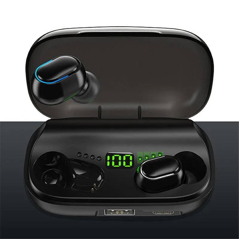 Black TWS XT01 Bluetooth earphones with digital display and charging case with Type-C port