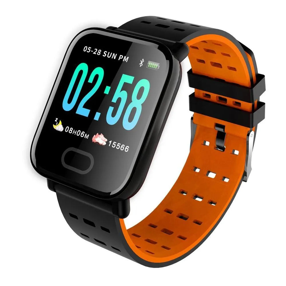 Blue A6 smart bracelet with colour screen on a wrist, showing heart rate data.