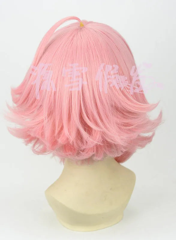 Pink upturned cosplay wig with artificial scalp and rose net inner cap, 35cm length, pre-styled for costume use.