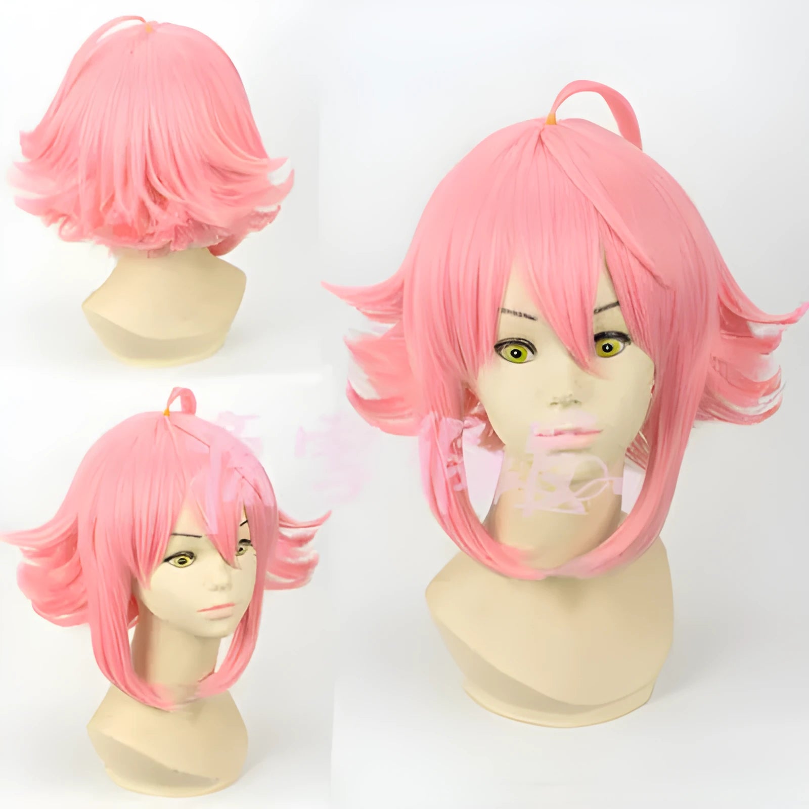 Pink upturned cosplay wig with artificial scalp and rose net inner cap, 35cm length, pre-styled for costume use.