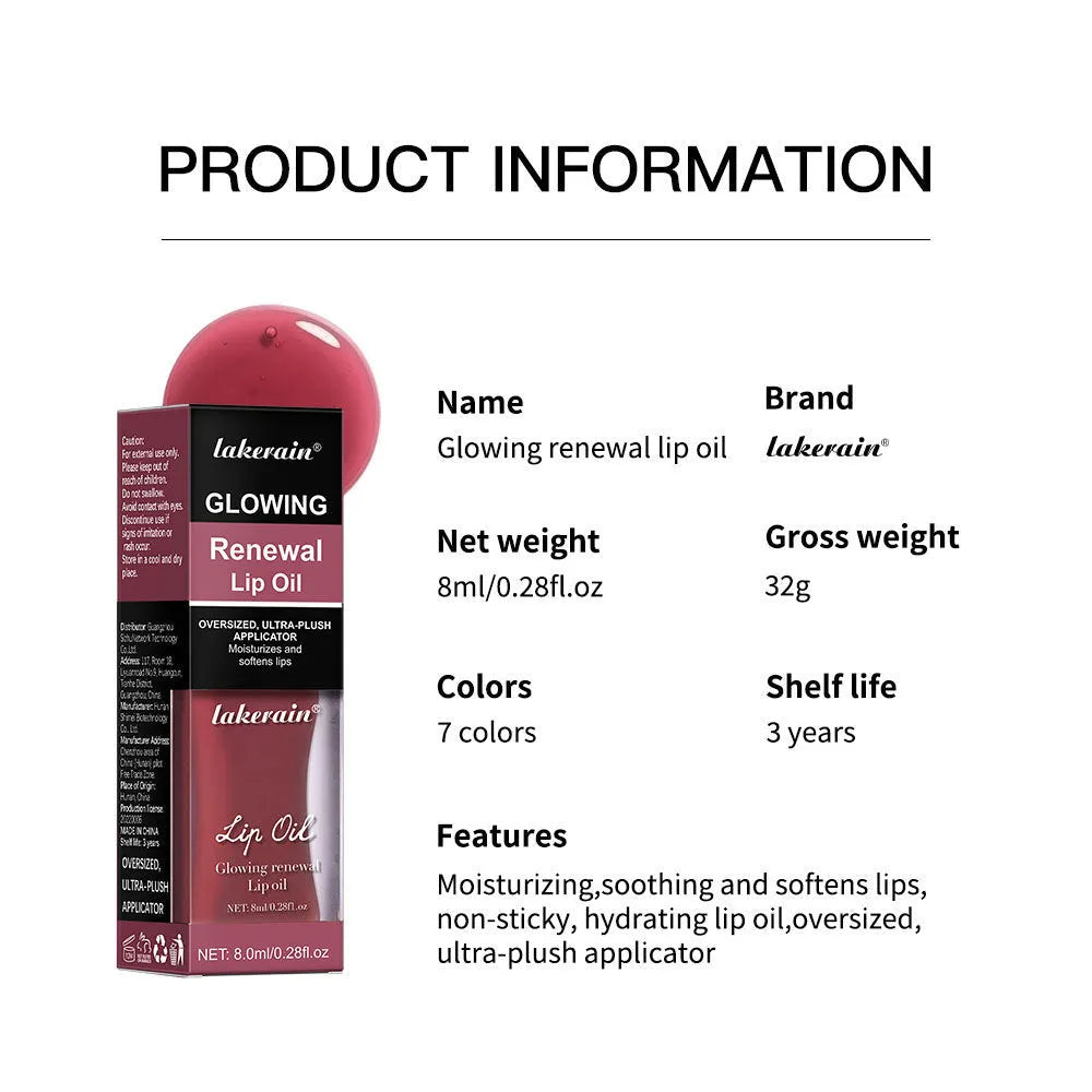 Glow Lip Gloss lip oil tube in 8ml size showing seven shade options