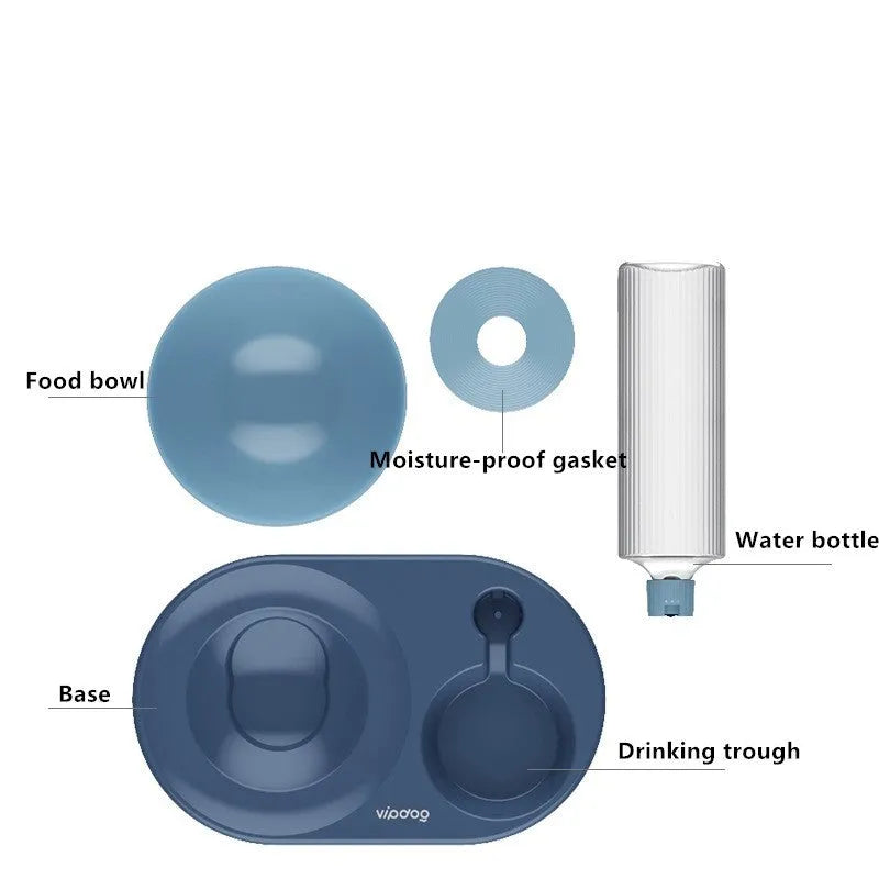 Double bowl automatic dog cat feeder with 600ml water dispenser, raised adjustable plastic base in dark blue