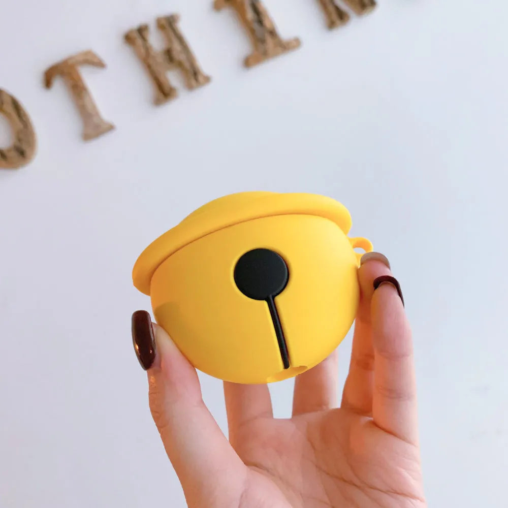 Yellow silicone protective case for AirPods 1 and 2 with a small bell charm attached.
