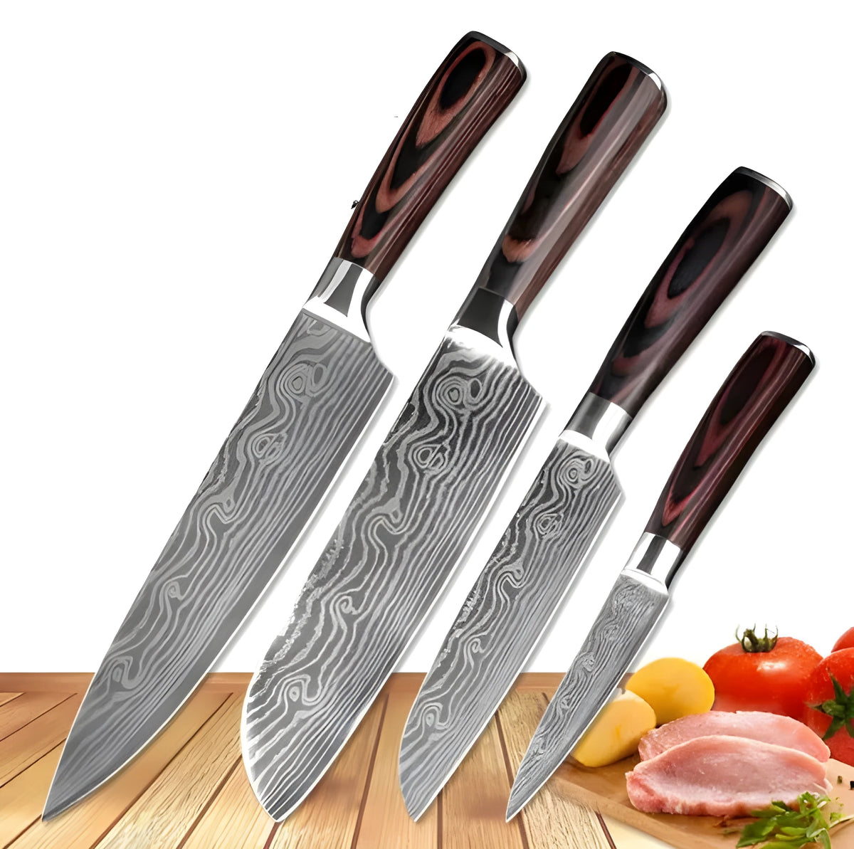7Cr17 stainless steel kitchen knife with Damascus patterned 18 cm blade and coloured wood handle